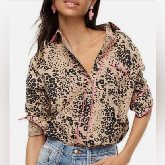J Crew Brown Tan Black Leopard Print Button Down Shirt Blouse Linen Pink Trim - Picture 1 of 9